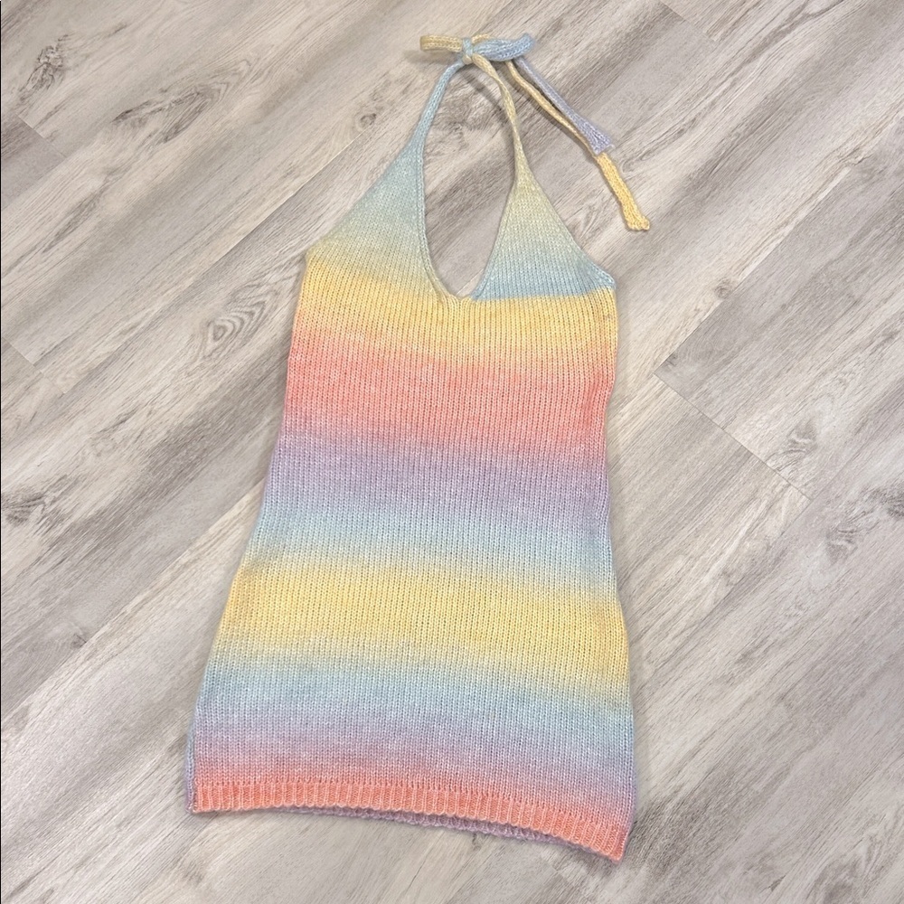 Princess Polly Pastel Gradient Rainbow Crochet Knit Halter Tie Mini Dress | Sz S